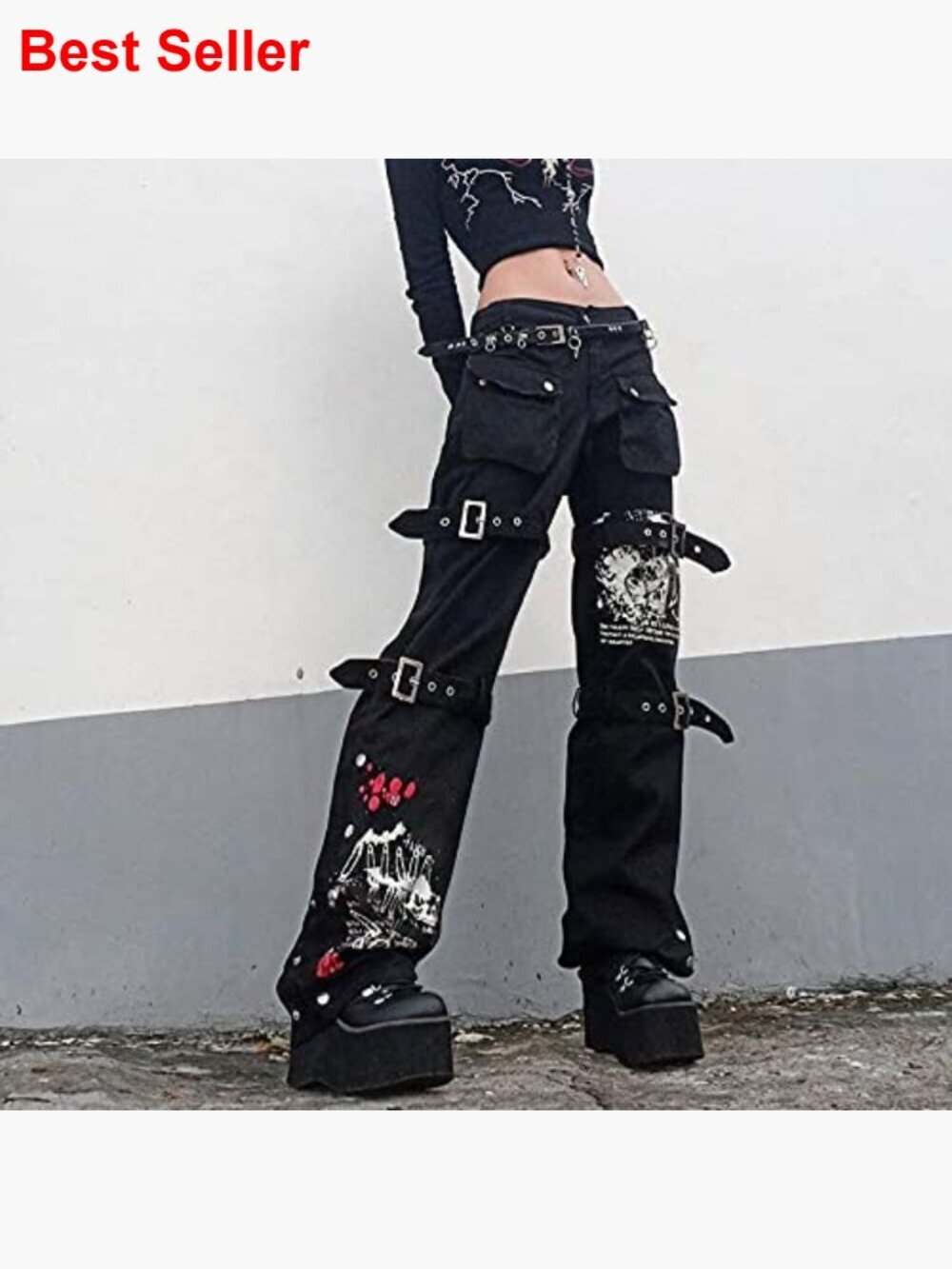 Loose Low Waist Wide Leg Cargo Pants with Buckle and Zipper Details - Picture 2 of 4